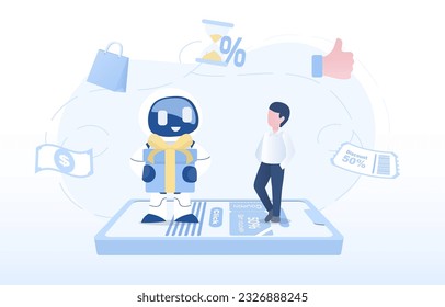 AI robots facilitate customer interactions by sending gift boxes and vouchers. Elements of surprise, rewards, loyalty program, discount vouchers, special promotions to products or services. 