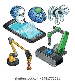 AI Robots hand drawn Concept on a Blue Background. AI robot bot. Chat, chatbot technology, 3d vector illustration artificial icon