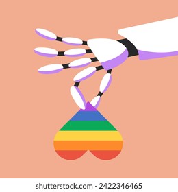 AI Robot's hand holds an upside down LGBT Heart. Flat vector illustration.