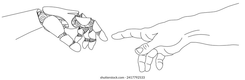 Ai Robot's hand touches God's hand Vector scalable Illustration The Creation of Adam line art Michelangelo's The Creation of Adam AI meets Human Technology meets humanity