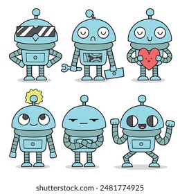  AI Robots happy, sad, cool, love emotions Concept AI robot bot. Chat, chatbot technology, vector illustration artificial character