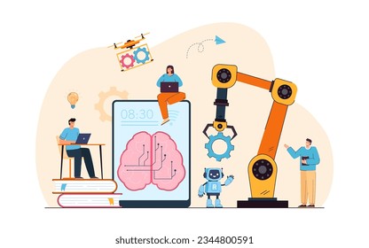 AI robots in industrial revolution vector illustration. People training to work with advanced technology, manipulator arm replacing human workforce. Artificial intelligence, robotization concept