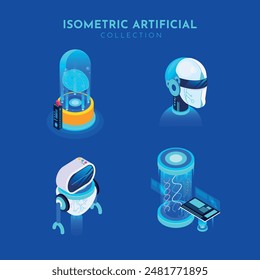 AI Robots Isometric Concept on a Blue Background. AI robot bot. Chat, chatbot technology, 3d vector illustration artificial icon