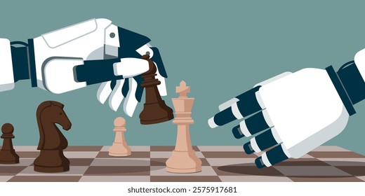 AI robots playing chess together, one is checkmating the opponent: artificial intelligence and games concept