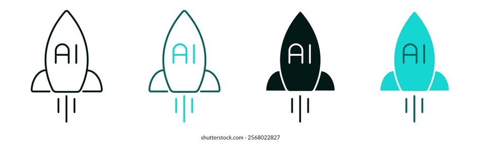 Ai rocket icon. Rocket launch symbol for web and mobile. Artificial Intelligent, technology, marketing, launching campaign, startup or business growth concept. Modern logo set. Editable vector stroke.