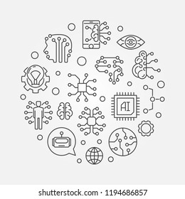 AI round outline illustration. Artificial Intelligence and Digital Brain vector linear icons in circle shape