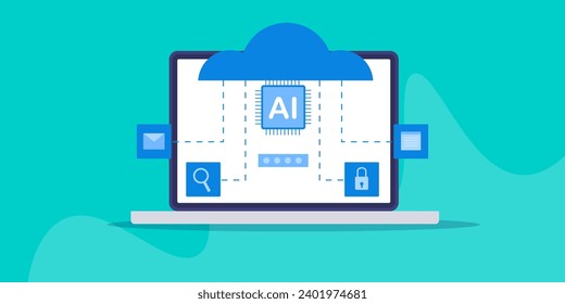 AI running on cloud network, Cloud computing service, Ai cloud computing, Artificial intelligence, Cloud data analysis, vector illustration with icons