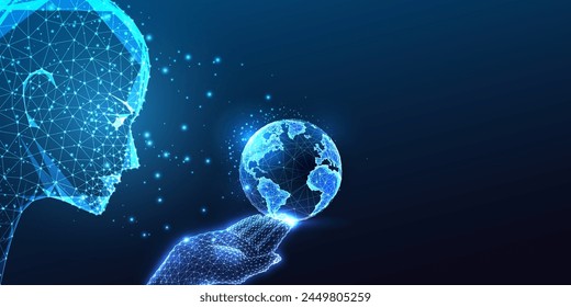 AI safeguarding Earth future. Futuristic guardianship. Global connectivity symbolized by AI face holding Earth concept in glowing polygonal style on dark blue background. Abstract vector illustration