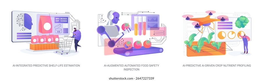 AI for Safer, Smarter Food Systems abstract concept vector illustration set. AI predicts shelf life, inspects food safety, and profiles crop nutrients for efficient food tech. abstract metaphor.