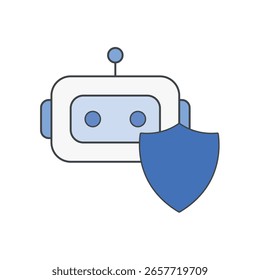 AI safety assistant icon with robot face and shield, symbolizing intelligent security bots, surveillance automation, and digital risk mitigation in smart cities.