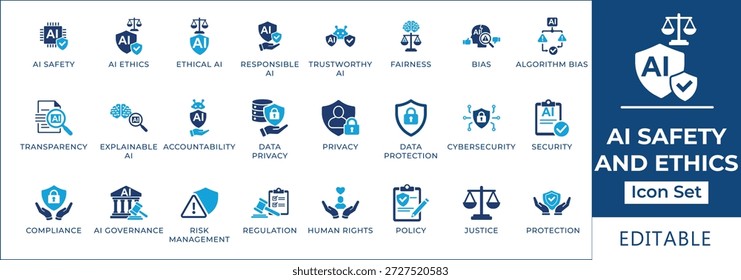 Symbolsatz für KI-Sicherheit und -Ethik mit verantwortungsvoller KI, algorithmischer Voreingenommenheit, Fairness, Transparenz, Datenschutz, KI-Governance, Compliance, Menschenrechten und Justizsymbolen.