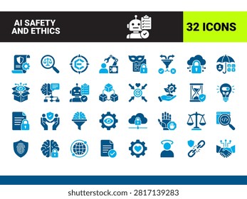 AI Safety and Ethics icon set Responsible AI, Data Protection, AI Compliance, Transparent Algorithm, Cyber Security, Human Oversight, Privacy Policy You can easily change color.