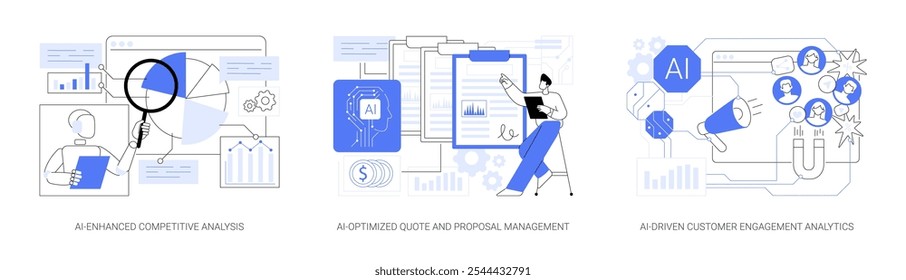 AI no conceito abstrato de gerenciamento de vendas vetor ilustração conjunto. AI-Enhanced Competitive Analysis, AI-Otimized Quote, gerenciamento de propostas, AI-Driven Customer Engagement Analytics metáfora abstrata.