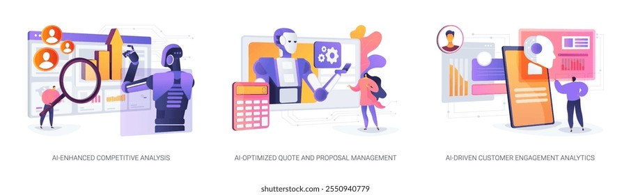 AI in sales management abstract concept vector illustration set. AI-Enhanced Competitive Analysis, AI-Optimized Quote, Proposal Management, AI-Driven Customer Engagement Analytics abstract metaphor.