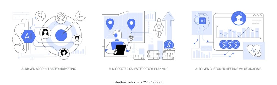 AI en las estrategias de ventas concepto abstracto conjunto de Ilustración vectorial. Mercadeo basado en la Cuenta impulsado por IA, Planificación del territorio de ventas apoyado por IA, Metáfora abstracta del análisis del valor de la vida útil del Cliente impulsado por IA.