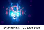 AI with scary face on halloween. Head skull of robot with lighting eyes. Bad Artificial Intelligence in image cyborg look at eyes. Tech halloween party banner. Evil computer