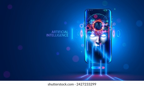 AI with scary face on screen phone. Head chat bot with lightning eyes. Bad Artificial Intelligence in image cyborg look at eyes. Malicious AI or computer ransomware virus taken over mobile phone.