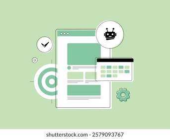 AI scheduling assistants automate content planning. AI-driven blog automation optimizes posts, schedules, and updates. AI content automation - blog management with smart algorithms vector illustration