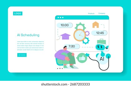 AI scheduling vector illustration showing a cheerful robot assisting a person with time management tasks. Includes various symbols representing time, work, and productivity.