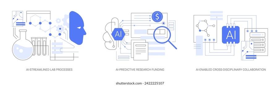 AI in scientific project abstract concept vector illustration set. AI-Streamlined Lab Processes, AI-Predictive Research Funding, AI-Enabled Cross-Disciplinary Collaboration abstract metaphor.