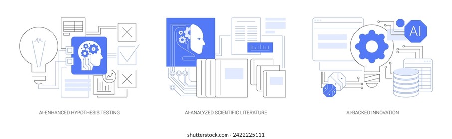 AI in Scientific Research and Development abstract concept vector illustration set. AI-Enhanced Hypothesis Testing, AI-Analyzed Scientific Literature, AI-Backed Innovation abstract metaphor.