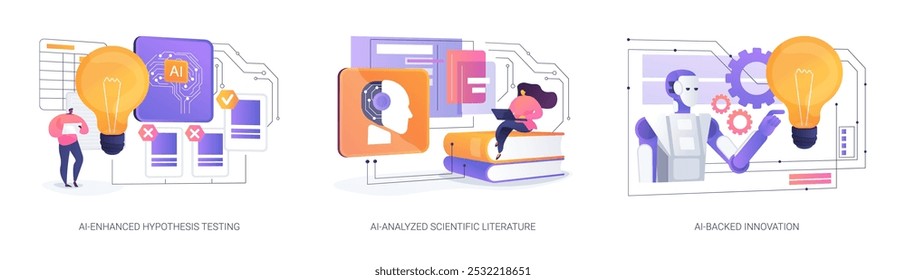 AI in Scientific Research and Development abstract concept vector illustration set. AI-Enhanced Hypothesis Testing, AI-Analyzed Scientific Literature, AI-Backed Innovation abstract metaphor.