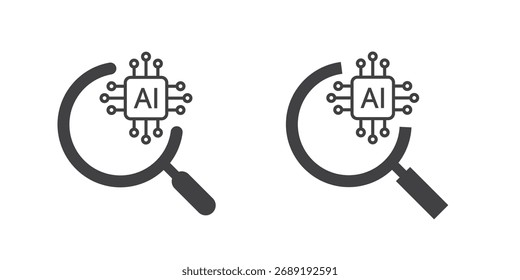 AI search and analysis icon. Magnifying glass with an AI chip symbol. Artificial intelligence technology concept. Icon element for application and web. Vector illustration. Magnifier or loupe sign.