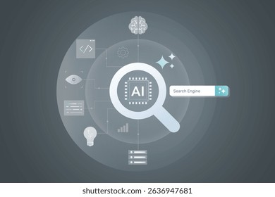 AI Search Engines. Powered SEO optimization. Digital marketing with AI power, Artificial intelligence decision-making concept illustration grey background