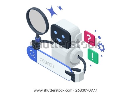AI search helper. Isometric robot assistant holding magnifying glass and search bar, symbolizing artificial intelligence help in research, data search and online support.
