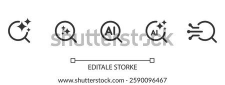 AI search icon set. Magnifying glass with generate symbol. Artificial intelligence technology concept. Icon element for app and web. Vector illustration. Magnifier or loupe sign. Editable stroke.