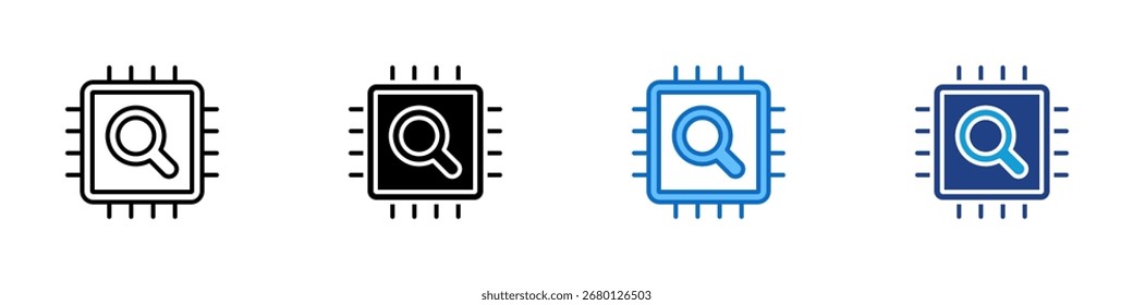 AI Search Multiple Style Icon Design Vector - Magnifying glass inside a microchip, representing AI search, machine learning, or digital inspection