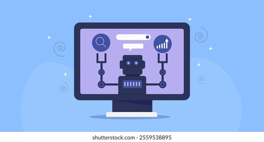 AI search optimization, AI search assistance, Search engine with chat bot, Artificial intelligence integrated with search engine - vector illustration with icon