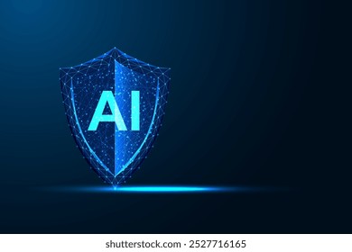 Conceito de segurança de IA com escudo digital brilhante e letras de AI no fundo azul escuro. Segurança cibernética, proteção de dados, criptografia, defesa de tecnologia futura. Ilustração vetorial abstrata poligonal