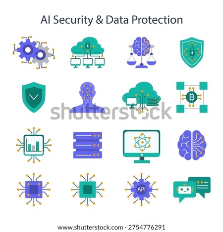 AI Security and Data Protection Icon Set. Clean geometric design suitable for web, apps, infographics, and tech presentations.
