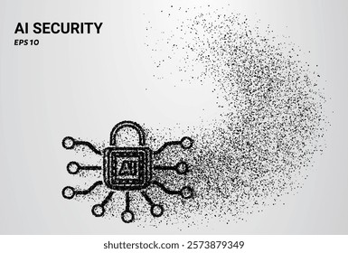 AI security depicted with small circles and dots, with particles swirling around it. Vector illustration.