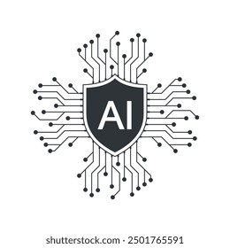 AI security digital chip. AI cyber security technology network protection concept. Semiconductor technology AI security protection shield.