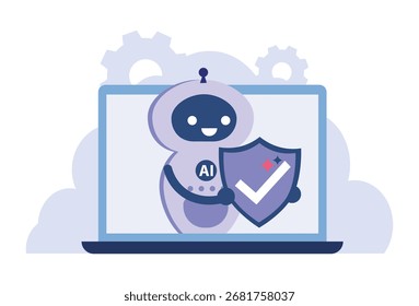 Seguridad de IA y protección digital. Un robot de IA que protege un portátil con un escudo digital.