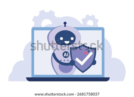 AI security and digital protection. An AI robot safeguarding a laptop with a digital shield.