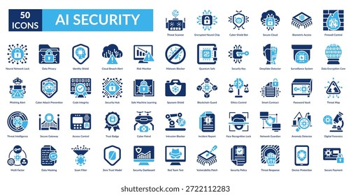 Conjunto De Ícones De Preenchimento De Segurança Ai. Threat Scanner, Chip Neural Criptografado, Cyber Shield Bot, Secure Cloud, Acesso Biométrico, Controle De Firewall, Núcleo De Criptografia De Dados