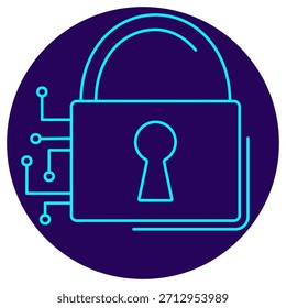 Icono de seguridad de IA. Borde de neón minimalista sobre un fondo redondo azul oscuro. Una elegante Ilustración vectorial de una cerradura digital conectada a un circuito, que simboliza la protección inteligente de datos, el cifrado inteligente y la ciberseguridad