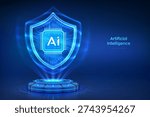 AI security. Secure artificial intelligence. Holographic platform with glowing rays forming shield with microchip. AI-powered cybersecurity, data protection, secure networks. Vector illustration.