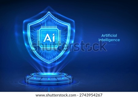 AI security. Secure artificial intelligence. Holographic platform with glowing rays forming shield with microchip. AI-powered cybersecurity, data protection, secure networks. Vector illustration.
