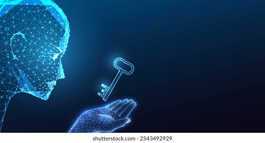 AI segurança e conceito de sucesso com cabeça robótica segurando a chave no fundo azul escuro. Inovação, potencial de libertação e proteção digital em tecnologia. Ilustração de vetor abstrato poligonal baixo