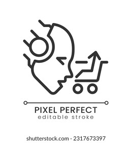 AI sells pixel perfect linear icon. Customer tracking system. Virtual shopping cart. Retail business. Sales efficiency. Thin line illustration. Contour symbol. Vector outline drawing. Editable stroke