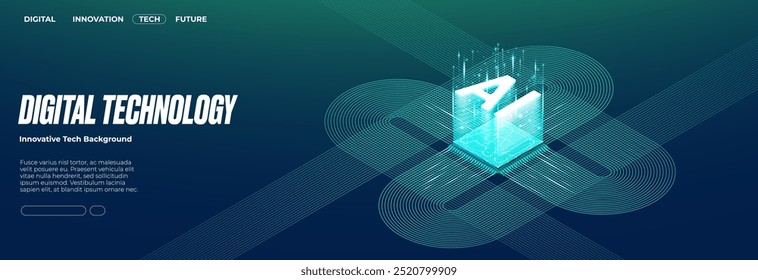 AI semiconductor or chip with thin line circuit on technology background. Blue green tech bg. Digital computer electronics concept. Artificial Intelligence banner. Futuristic vector illustration.