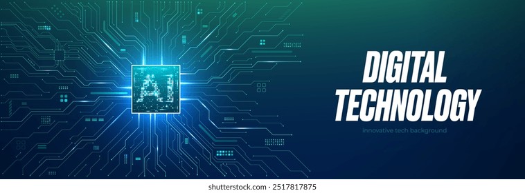 AI semiconductor on circuit tech background. AI chip light neon effect. Technology digital bg. Abstract horizontal banner. Artificial Intelligence concept. Blue-green futuristic vector illustration.