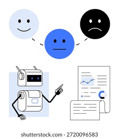 IA, análise de sentimentos, estratégia orientada por dados, feedback de clientes, tendências tecnológicas, tomada de decisões. Ícone de robô apontando para relatório e emoticons. Análise de sentimento e conceito de inovação da IA