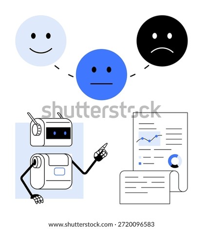 AI, sentiment analysis, data-driven strategy, customer feedback, technology trends, decision-making. Robot icon pointing at report and emoticons. Sentiment analysis and AI innovation concept