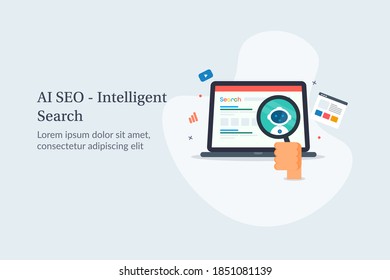 SEO de IA, SEO de inteligencia artificial, búsqueda por intención de usuario, resultado de búsqueda inteligente - ilustración vectorial conceptual de diseño plano con iconos y textos