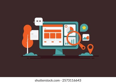 AI SEO concept, AI content writer, Artificial intelligence performing SEO analysis, AI driven SEO strategy - vector illustration with icons